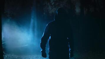 A menacing male figure in a night and foggy forest. A man walks slowly along the path. Scary scene from a horror video