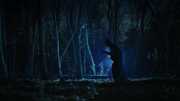 Mysterious dark figure in the night foggy forest. Silhouette of an unrecognizable man in a tunic with a hood. video