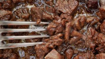 Close up of meat dish with fork, a key ingredient for a delicious recipe video