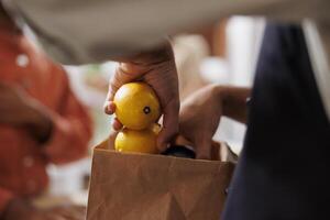 Selective focus on storekeeper putting organic fruits and vegetables in takeaway parcel. Close-up of male vendor packing freshly picked produce for customer in a paper bag at the checkout counter. photo