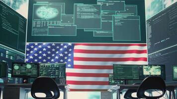 High tech governmental cyber operations center with USA flag. Network security, cyber defense and global surveillance to protect national security. Hacking tools for digital defense. Camera B. video
