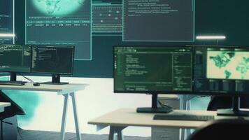 High tech empty surveillance room for cyber security monitoring. Governmental agency protecting against cyber threats, cybercrime and data breaches with advanced technology. Hybrid warfare. Camera A. video