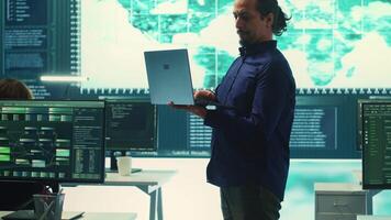 Governmental hacking team launches phishing attack to steal passwords and personal data for cyberwarfare tactics. Group of IT experts working to penetrate a database in monitoring room. Camera A. video