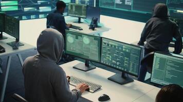 Cyber security specialist conducting cyber surveillance and threat detection in a governmental agency. Professional hackers team managing cybercrime prevention and malware detection. Camera B. video