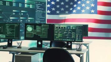 High tech governmental cyber operations center with USA flag. Network security, cyber defense and global surveillance to protect national security. Hacking tools for digital defense. Camera A. video