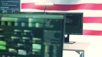 Governmental security operations center with an USA flag. Focus on cyber threat analysis, secure operations and digital forensics to protect information and ensure cyber safety. Camera A. video