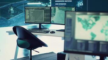 Empty military command headquarters with a big display and workstations used for reconnaissance and surveillance monitoring on a world map. Army intelligence gear and CCTV footage, federal agency. video
