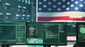 High tech cybersecurity room with American flag shown on big screen, governmental cyber operations. Data protection, global surveillance and cyber intelligence to guard national security. Camera A. video