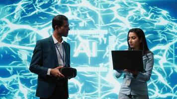 Engineers use VR smart goggles and AI neural networks to solve company problems. IT experts using artificial intelligence and AR virtual reality tech to visualize startup business data, camera A video