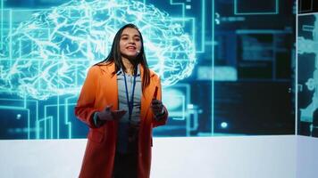 AI specialist showcasing cutting edge technologies, sharing industry knowledge. Speaker from across various industries come together to discuss latest developments in AI and Big Data, camera A video