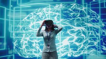 IT expert using VR headset, programming artificial intelligence computing simulating human brain. Technician uses virtual reality technology to build AI machine learning algorithms, camera B video
