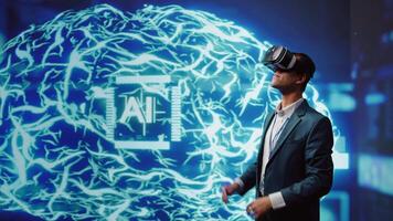 System administrator wearing VR headset looking at hologram of artificial intelligence human brain simulation. IT expert interacting with AI visualization showing deep learning algorithms, camera B video