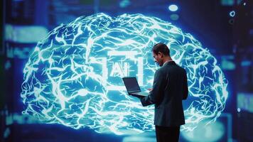 System administrator working on laptop, programming artificial intelligence computing simulating human brain. Man in workspace using notebook, building AI machine learning algorithms, camera B video