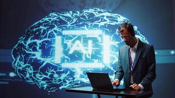 Engineer in artificial intelligence workplace managing call center tasks, speaking into headset. AI company worker chatting with customers through headphones mic, camera B video
