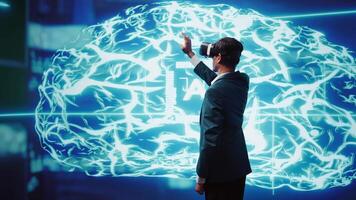 Developer wearing VR smart goggles working with artificial intelligence neural networks. IT expert using virtual reality tech and AI systems in futuristic workspace, camera B video