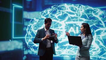 Engineers use VR smart goggles and AI neural networks to solve company problems. IT experts using artificial intelligence and AR virtual reality tech to visualize startup business data, camera B video