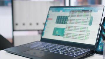 Empty financial department with stock portfolio on laptops and paperwork files filled with marketing charts. Close up shot of forex exchange indices on notebook screen video