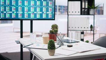 Stock market diagrams with charts and stock figures on big screen in empty workplace. Forex investment listings displayed on display in financial department with no people in, camera A video