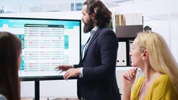 Team leader in company financial department showing stock portfolio on big screen containing collection of investment assets. Businessman showing stock demand surge in large display, camera A video