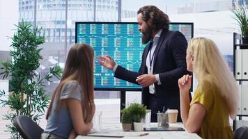 Broker in office providing stock exchange valuation analysis for clients looking to make more money. Financial advisor looking at market shares on big screen, helping people make investments, camera B video