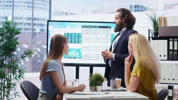 Financial adviser presents market analytics to customers using large display, explore best practices for building portfolio. Broker agent showing stock exchange charts to mother and daughter, camera B video