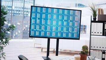 Big screen in financial department office shows stock exchange indices changing in real time. Display in empty workplace with trading indexes showing latest price modifications, camera A photo