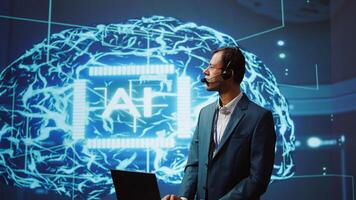 Speaker talking with audience during remote call online AI webinar hosting leading experts and researchers exploring latest insights in artificial intelligence technology, camera B photo