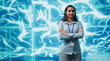 Portrait of smiling technician running artificial intelligence programming scripts. Joyful admin working in IT department tasked with AI applications development, camera A photo