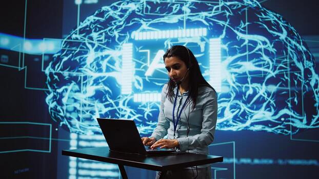 Speaker talking in online webinar, exploring ways AI can positively enhance companies workforce. Presenter promoting artificial intelligence solutions during internet presentation, camera B photo