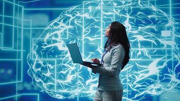 Software developer solving tasks on laptop, running artificial intelligence programming scripts. Woman using notebook to write lines of code for AI applications development, camera B photo