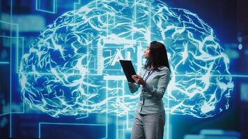 Developer using tablet to implement artificial intelligence parallel processing, breaking up complex computational tasks enabling AI systems to process more input data faster, camera B photo
