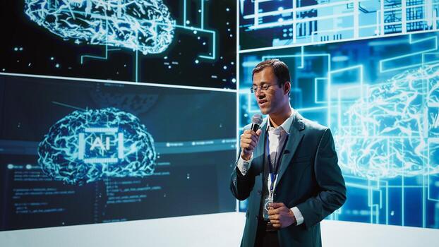 altavoz lo hace presentación durante tecnología conferencia, explorador exitoso implementación de ai en conducción adelante puesta en marcha negocios, compartiendo último máquina aprendizaje descubrimientos, cámara si foto