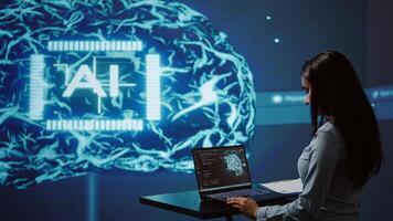 AI specialist reviews data charts, emphasizing importance of data driven decision making in tech industry. Engineer developing innovative artificial intelligence solutions for startup, camera B photo
