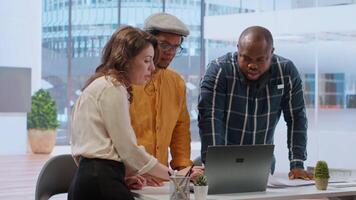 Entrepreneur collaborates with a real estate team of experts to plan a high class office space renting during a tour. Client negotiating the contract and reaching an agreement. Camera B. video