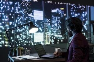 Private equity manager analyzing financial reports at night, examining investment transactions to help expand activity on international scale. Advisor follows stock market trends online. photo