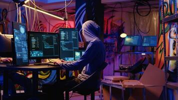 Hackers in secret bunker using phishing technique that tricks users into revealing sensitive information. Rogue programmers stealing passwords from low security systems using cyber attacks photo