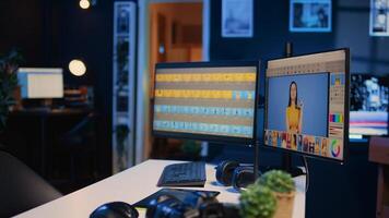 Empty multimedia creative studio with photo editing software on PC display. Industry standard retouching program used by professional photographers left open on computer, dolly in shot