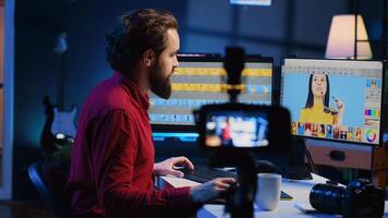 Photo editor using professional content creation equipment to record vlog in production company, showcasing usual tasks. Photographer making tutorial about adjusting white balance on pictures