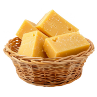 Cheddar cheese in a wicker basket transparent background png