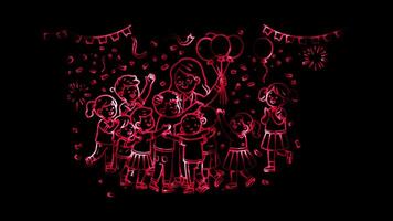 Glowing looping world teacher day group hug of children and a teacher with balloons and confetti. neon frame effect, black background. video