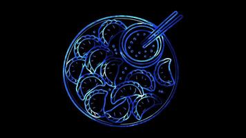Glowing looping Chinese New Year Day dumplings with dipping sauce. neon frame effect, black background. video