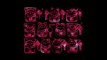 Glowing looping Chinese New Year Day Packets with Chinese characters for good luck. neon frame effect, black background. video