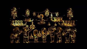 Glowing looping loy kratong day Tourists participating in Loy Krathong. neon frame effect, black background. video