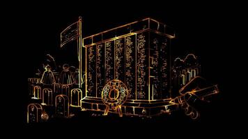 Glowing looping Veterans Day veterans memorial with engraved names. neon frame effect, black background. video
