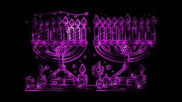 Glowing looping Hanukkah day menorah with lit candles. neon frame effect, black background. video