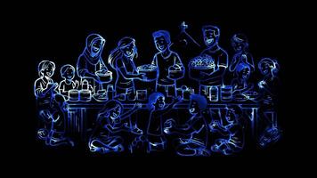 Glowing looping world food day theme ending hunger. neon frame effect, black background. video