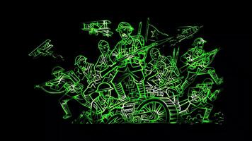 Glowing looping Remembrance Day soldiers in battle. neon frame effect, black background. video