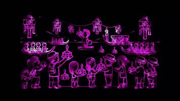 Glowing looping loy kratong day Tourists participating in Loy Krathong. neon frame effect, black background. video