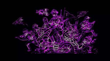 Glowing looping Remembrance Day soldiers in battle. neon frame effect, black background. video