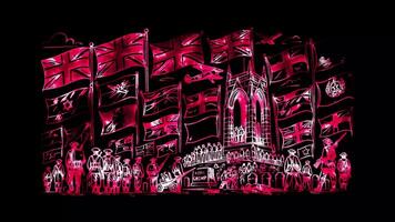 Glowing looping Remembrance Day Various national flags flying at a war memorial. neon frame effect, black background. video